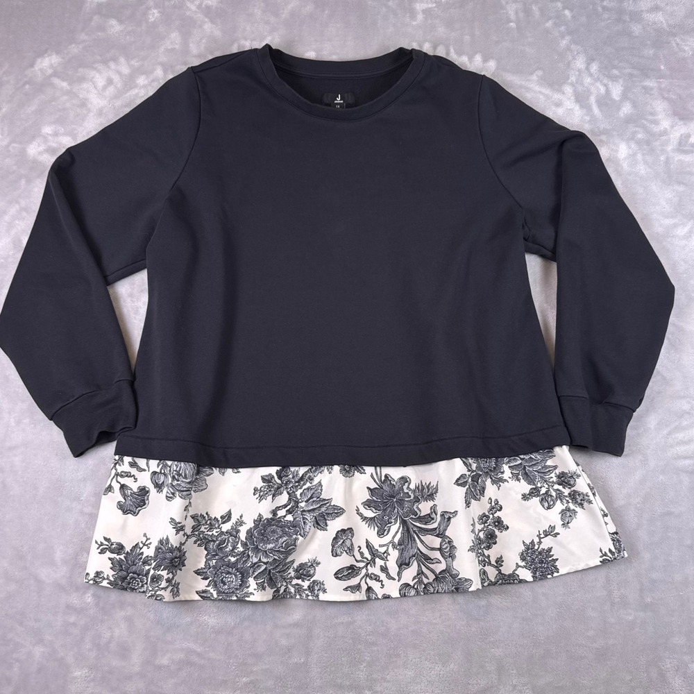 Jason Wu Black Floral Mixed Media Peplum Sweatshirt Top Women 1X Toile Layered*